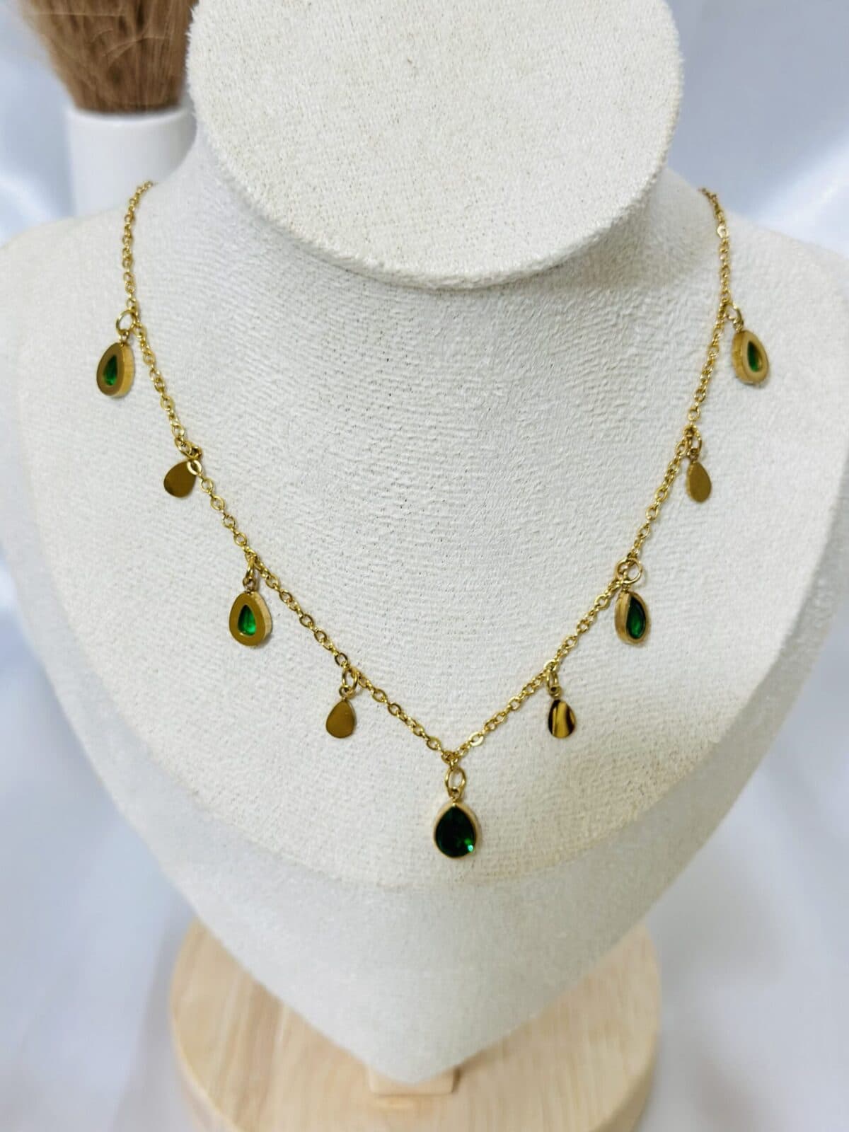 Anti Tarnish Emerald Drop Charm Necklace