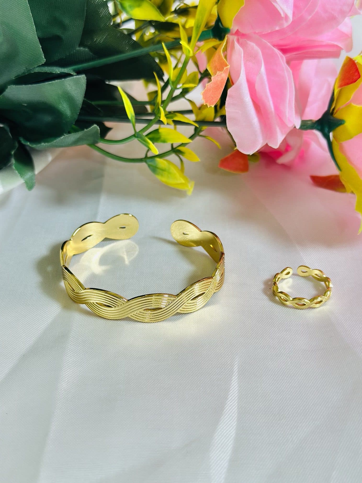 Anti Tarnish Wave Texture Cuff Bangle Set (With Ring Combo)