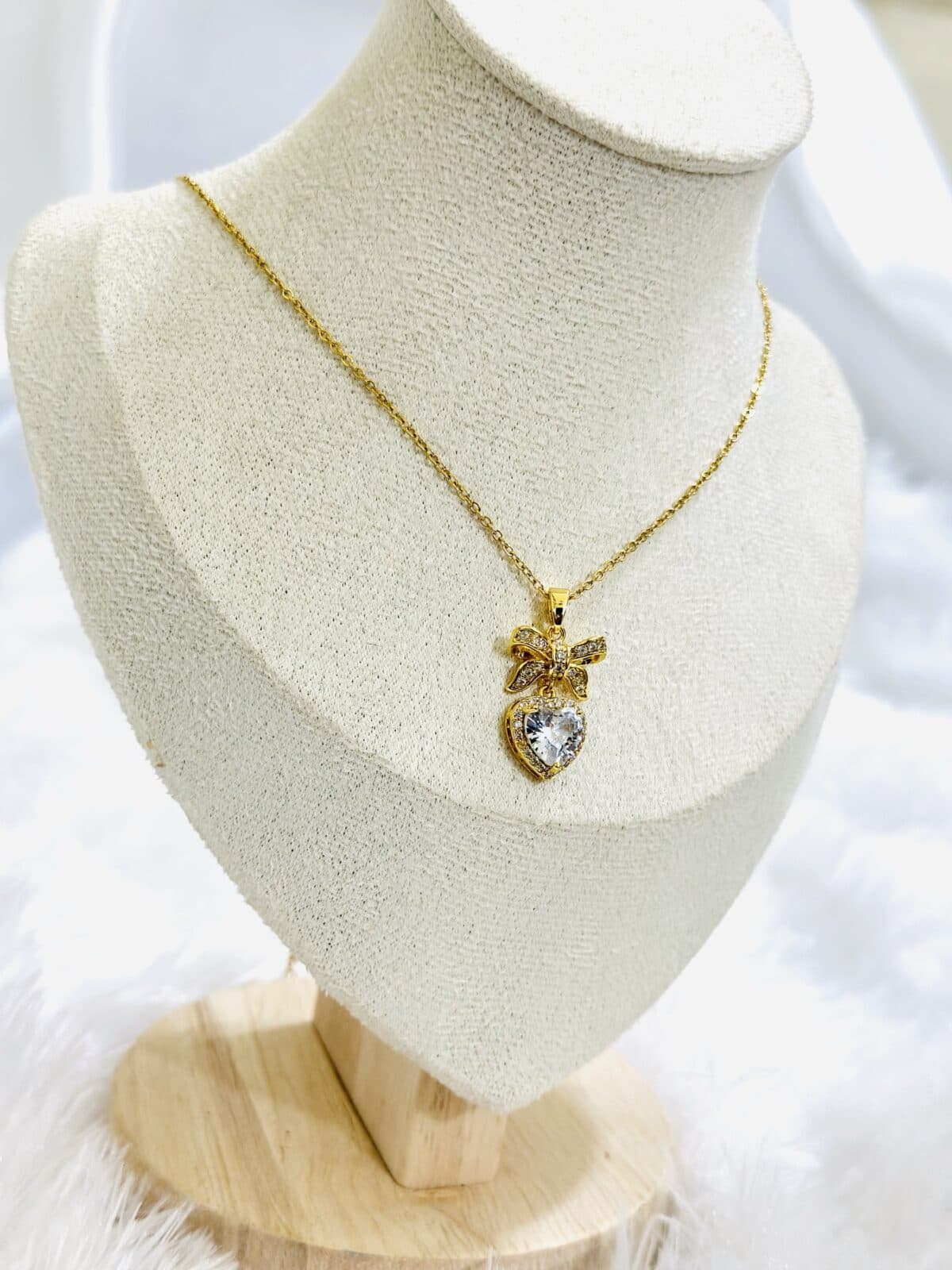 Anti Tarnish Crystal Bow Heart Necklace