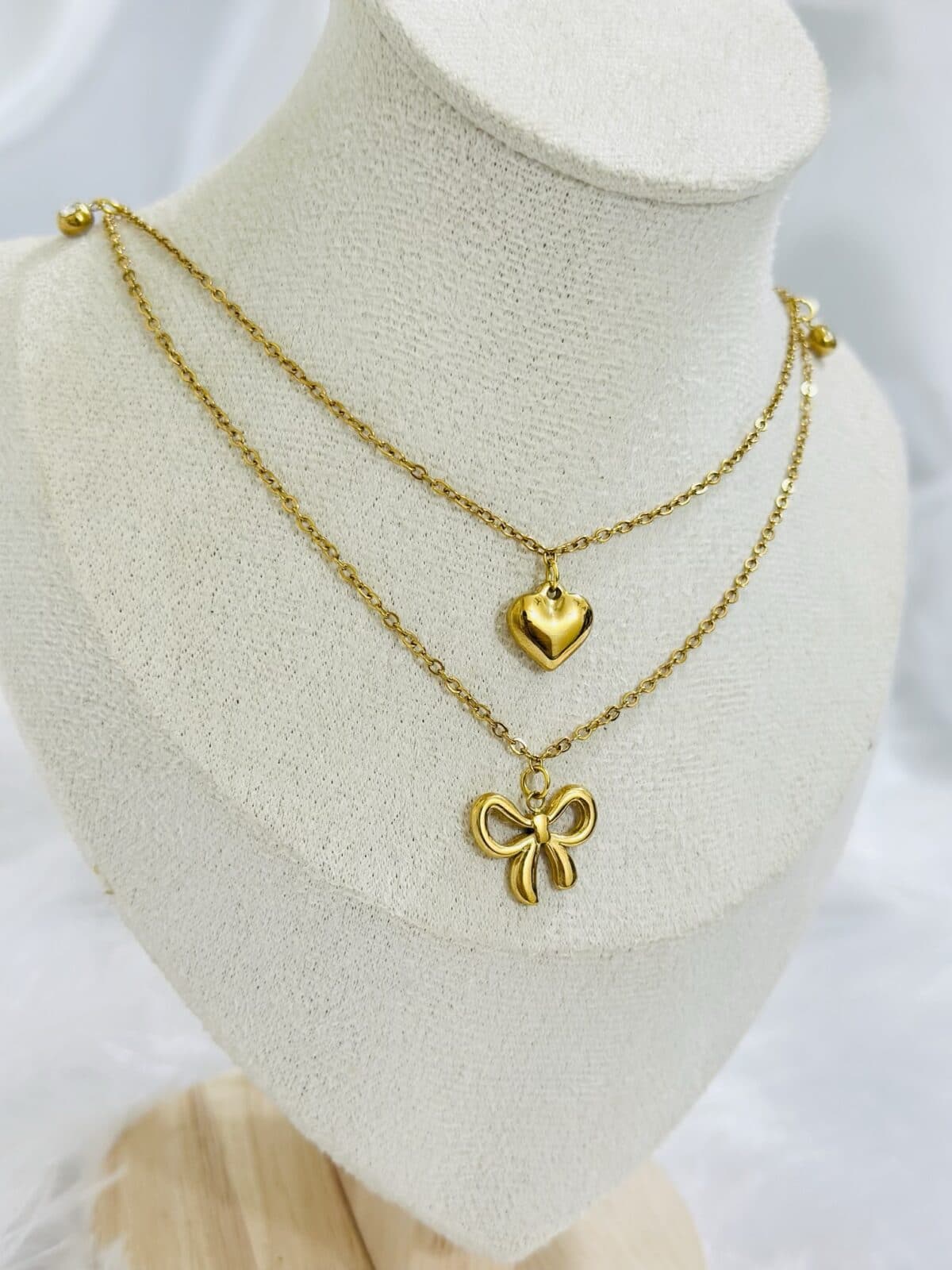 Anti Tarnish Golden Bow &amp; Heart Layered Necklace