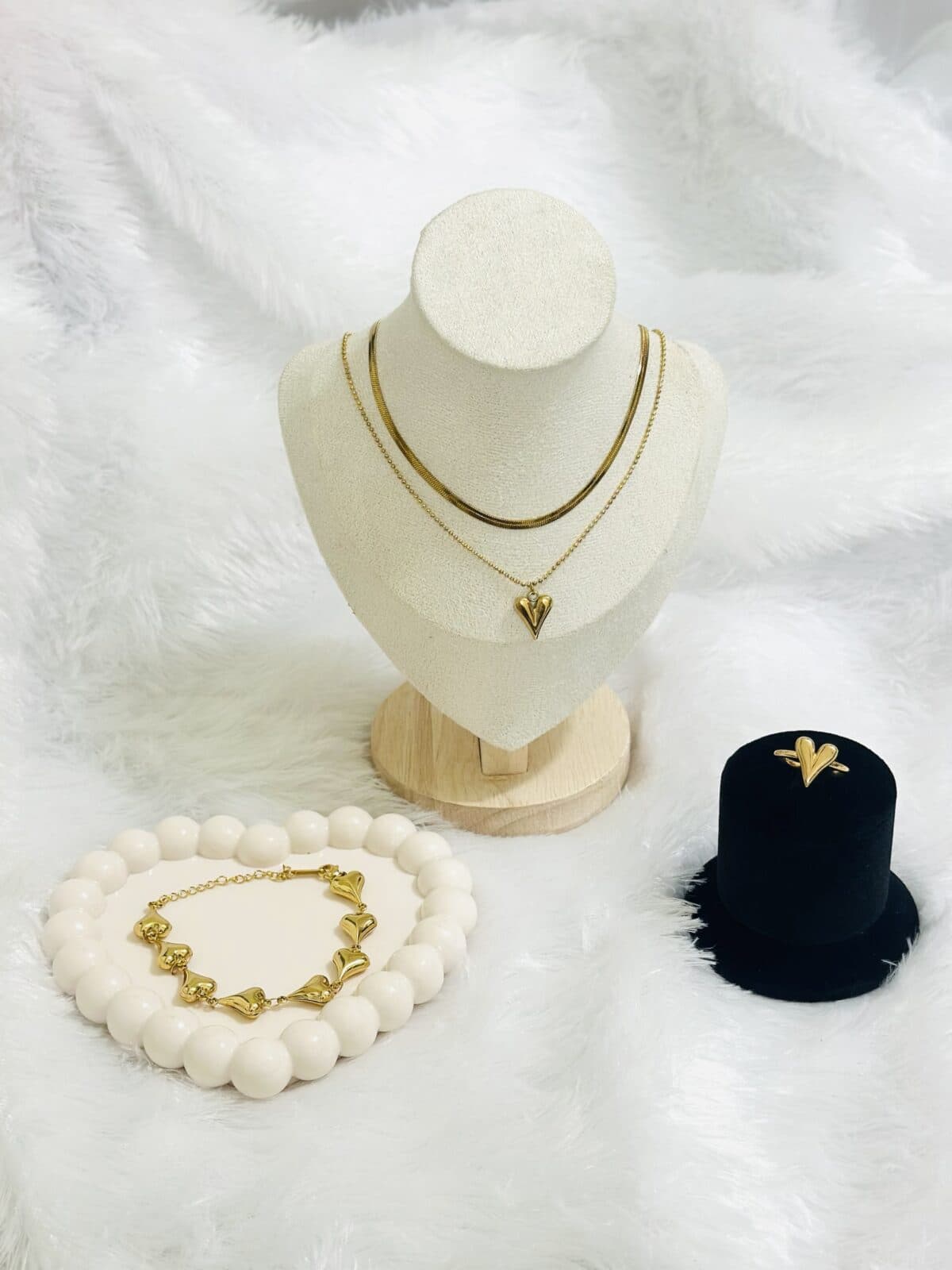 Anti Tarnish Heart Themed Necklace + Bracelet + Ring Combo