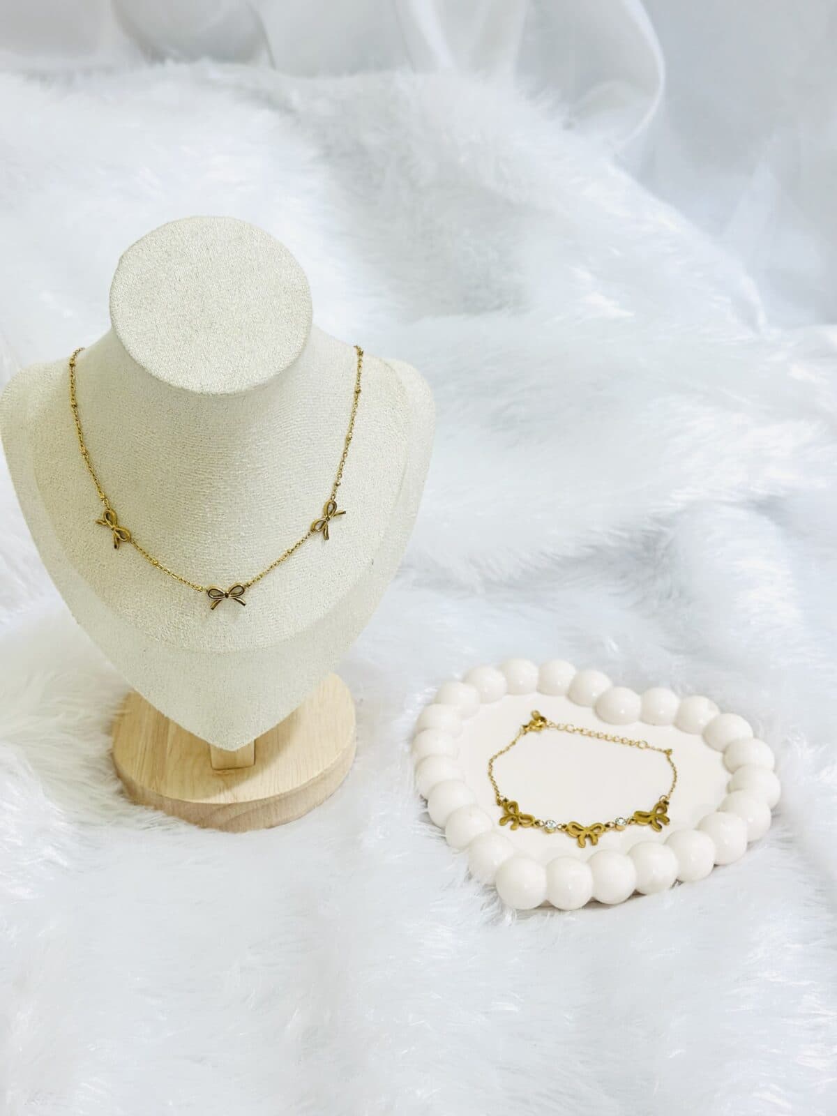 Anti Tarnish Triple Bow Necklace + Bracelet Combo Offer